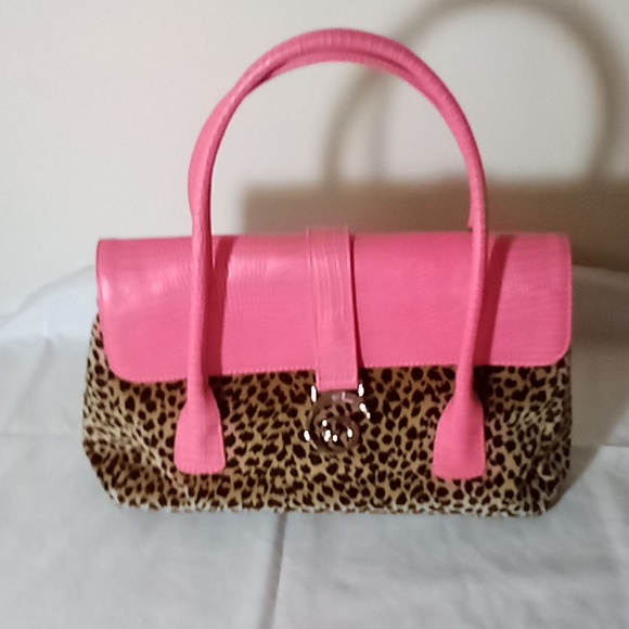 Citrus handbag 10.5"wide and 7" tall not including handles. Bright pink/leopard - Picture 1 of 8